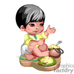 The clipart image depicts a cartoon of a young child sitting and eating from a bowl. The child has black and grey hair and is dressed in a short-sleeve top with a yellow pattern. The child is holding a spoon and is eating from a bowl filled with food, which appears to be some type of mixed meal or rice dish.
