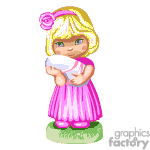 This clipart image shows a cartoon of a young girl with blonde hair and a pink dress holding a baby. She is standing on grass, and she has a pink rose in her hair.