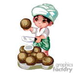The clipart image you've provided depicts a cartoon of a young chef wearing a chef's toque and apron, standing next to a stack of brown round items that appear to be bread or buns. The chef is holding one of these items on a plate in their left hand.