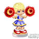 The clipart image shows an animated character that appears to be a blonde cheerleader holding pom-poms. She is dressed in a blue and white cheerleading outfit with red shoes, and she is standing on a platform.