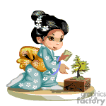 The clipart image features an animated character of a girl dressed in traditional East Asian attire, which resembles a kimono or hanbok, adorned with hair accessories. She is kneeling on a cushion beside a small bonsai tree, holding what appears to be a fan. The scene suggests a cultural or traditional setting.