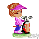 The clipart image features a young female character with a bun hairstyle, wearing a pink baseball cap, pink top, white pants with a purple stripe, and white with blue sneakers. She is holding a golf club and standing next to a red and white golf bag full of various golf clubs on a small patch of grass.