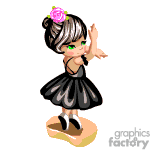 The clipart image depicts a stylized cartoon character of a young girl dancing. She is wearing a black ballet dress with a black skirt and ballet shoes. Her hair is styled in a bun with a pink decorative flower. She appears to be in a ballet pose or possibly mid-twirl.