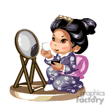 The clipart image features an animated character styled in a traditional East Asian attire, sitting on a cushion with a hand mirror in one hand. The character has an elaborate hairstyle adorned with a hair accessory, and in front of them is a standing mirror. The character appears to be engaging in a beauty routine or examining their reflection.