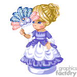 The image contains a clipart illustration of a girl wearing a fancy dress, mostly in shades of blue and white. She has blonde hair styled in an updo and is holding a feathered fan, which is partially covering her face. The dress appears to be of a historical or possibly Victorian style, and the girl is depicted in a standing pose, smiling.