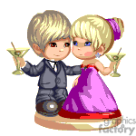 The clipart image features a cartoon representation of a bride and groom dressed in formal wedding attire holding what appears to be martini glasses. The bride is wearing a pink dress, while the groom is in a dark suit.