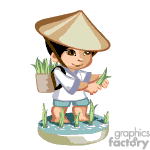 The clipart image depicts a character dressed in traditional Asian farming attire, complete with a conical hat, standing in water and holding plants. It appears to represent a rice paddy farmer.