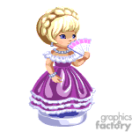 The clipart image features an animated princess. She has blonde hair styled with braids, is wearing a purple royal dress with white frills, a pearl necklace, and is holding a fan.