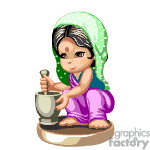 The clipart image depicts a cartoon of a woman in traditional Indian attire, sitting on the ground and grinding spices with a mortar and pestle.