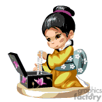 The clipart image depicts an animated girl sitting down with a black jewelry box open in front of her. She is dressed in a traditional kimono with a floral pattern and wearing a winged backpack. Her hair is styled up in a bun, and she appears to be admiring or choosing a piece of jewelry, possibly a necklace, from the box.
