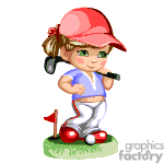The clipart image features a cartoon-style female golfer. She has a ponytail and is wearing a visor cap, along with a white and blue golf outfit. She's also wearing red and white golf shoes and carrying a golf club over her shoulder. There's a small red flag, indicating a golf hole, on a patch of grass next to her.