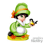The image depicts an animated character dressed in a green outfit with a long tailcoat and a green hat adorned with an orange bow. The character is wearing boots and holding a small, colorful bird on their outstretched hand while gazing at it affectionately. The setting includes a few autumn leaves on the ground, suggesting it might be fall season. The character's style is reminiscent of a traditional European, possibly Irish, folklore figure.