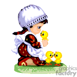 The clipart image shows a child wearing a traditional dress and headscarf, crouched down and holding a chick in their hand. There are two chicks in front of the child, and they all appear to be on a patch of grass.