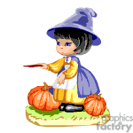 The clipart image features a cartoon of a witch. The witch is depicted as a young character with short hair, wearing a purple hat and a yellow dress with blue sleeves. She is holding a red wand and is standing next to two orange pumpkins