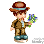This clipart image features an animated character, possibly representing a young boy, dressed in a brown vintage outfit with a round hat, holding a small bouquet of blue flowers. The character is also wearing a white shirt with a red bow tie and stands atop a grey stone.
