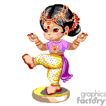 The clipart image depicts an animated character designed to resemble a traditional Indian dancer. The character is female, with stylized black hair, large eyes, and is wearing a pink and yellow traditional Indian dance costume with golden accents. She is adorned with various traditional Indian jewelry like a headpiece, earrings, and bracelets. The character is in a classical Indian dance pose, balanced on one leg with the other lifted, arms extended, and hands in a specific mudra (gesture).