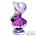 The clipart image depicts a cartoon of a young girl dressed in a purple and green ice-skating outfit, including a skirt, jacket, and bonnet with floral decorations. She is wearing white ice skates and holding a grey muff to keep her hands warm.