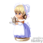 The image is a clipart of a cartoon maid character holding a teapot and cup. She is wearing a traditional maid outfit with a white apron and a headpiece.