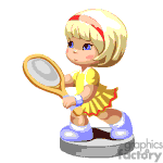 The image is a clipart of a cartoon-style animated young girl holding a tennis racket. She's dressed in a yellow tennis outfit with a red headband, and she's positioned as if she's ready to hit a tennis ball. The figure appears to be part of a game or an animated illustration, with a simplistic and colorful design, resembling a video game sprite or an avatar from a virtual platform.