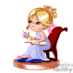 The clipart image shows a cartoon-style representation of a young girl with blonde hair tied up in a bun, sitting on a red chair. She is wearing a blue dress with a white hem, blue shoes and she is holding a pink flower. The girl appears to be in a thoughtful or contemplative pose, possibly admiring the flower in her hand.