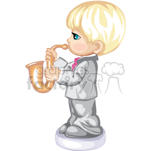 Little boy in a grey suit playing the saxophone