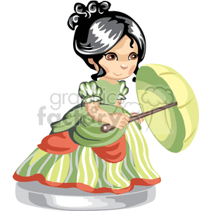 A black haired girl wearing a green orange and yellow dress holding an umbrella clipart.