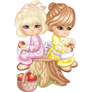 Two Little Girls sitting on a Tree Stump Holding an Apple clipart.
