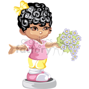 A Small Child with Brown Eyes Holding a Bouquet of Flowers with her Arm Out clipart.