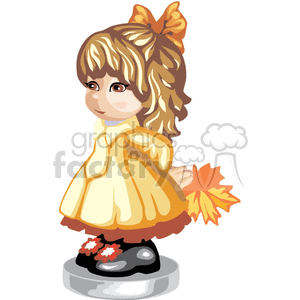Little girl in a burnt orange dress with a bow in her hair holding a fall leaf