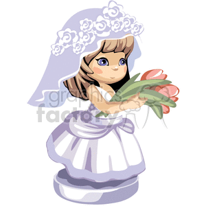 A little girl in a bridal dress holding a bunch of tulips