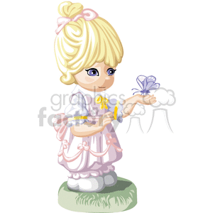 Little Girl in a Pink and White Dress Holding a Butterlfy clipart.