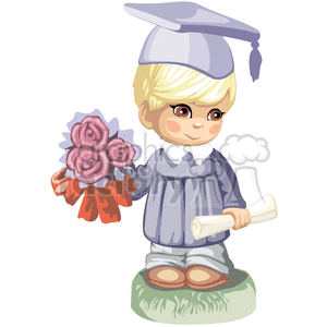 A Little Boy Holding a Scrolled Paper and a Bouquete of Flowers Wearing a Graduation Gown and Cap clipart.