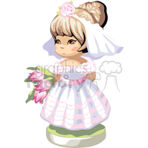 A girl in a pink and white frilly dress wearing a veil holding a bouquet of tulips clipart.