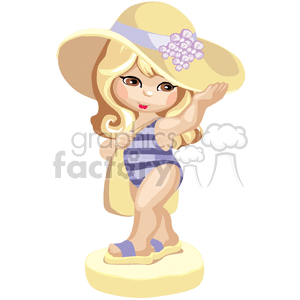 Little girl going to the beach in bathing suit and floppy hat clipart.