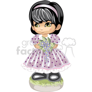 Little girl in purple polka dot dress holding a bouquet of flowers clipart. Commercial use image # 376224