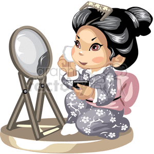 An asian girl looking in the mirror putting on makeup clipart.