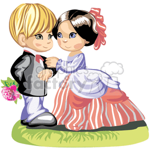 A little boy and a girl in formal dress the little boy is giving her flowers clipart. Commercial use image # 376239