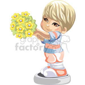 clipart - A Little Brown Eyed boy Holding a Big Bouquet of Yellow Flowers.
