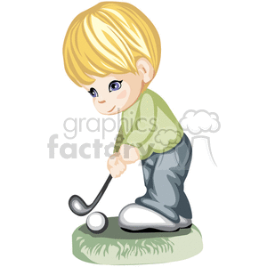 clipart - A blonde haired boy hitting a golf ball with a golf club.