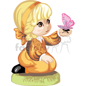 clipart - Blonde haired little girl in a orange dress holding a butterfly.