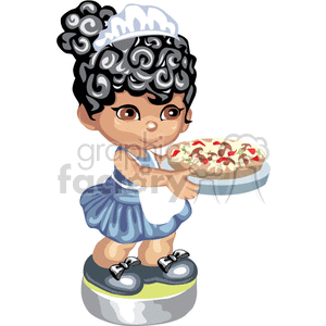 clipart - Little girl in waitress uniform serving pizza.
