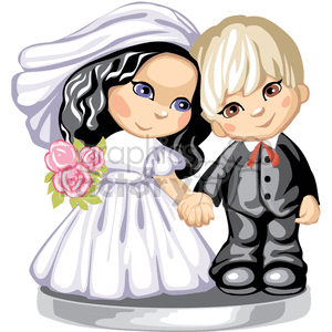 Little girl and boy holding hands dressed as bride and groom clipart.
