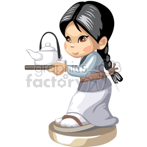 Asian girl in a grey and blue kimono carrying a teapot clipart.