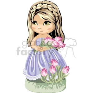 Little girl in party dress holding a bouquet of tulips