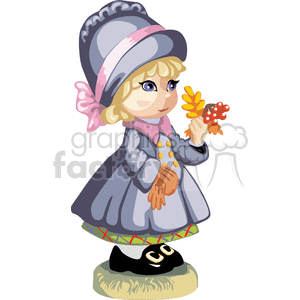 A little girl in a gray coat and bonnet holding fall folliage clipart. Commercial use image # 376404