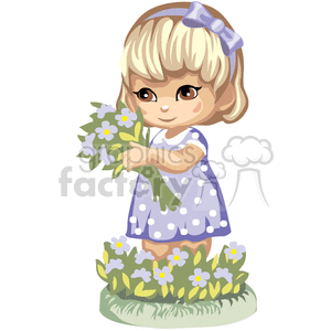 A blonde haired girl in a blue and white polka dotted dress holding a bouquet of flowers