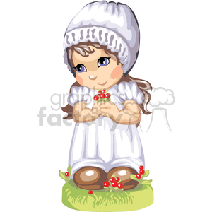 A little girl in a white dress with a white bonnet holding berries clipart. Commercial use image # 376434