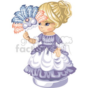 A little girl in a purple and white frilly dress holding a masquerade ball mask