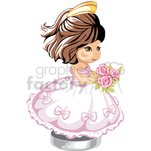 Little girl in a pink party dress with bows holding a boyquet of flowers with a tiera on her head clipart.