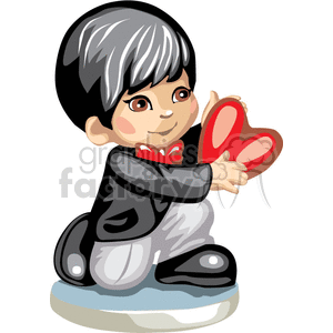 A boy on his knee in a suit holding a heart clipart. Commercial use image # 376479